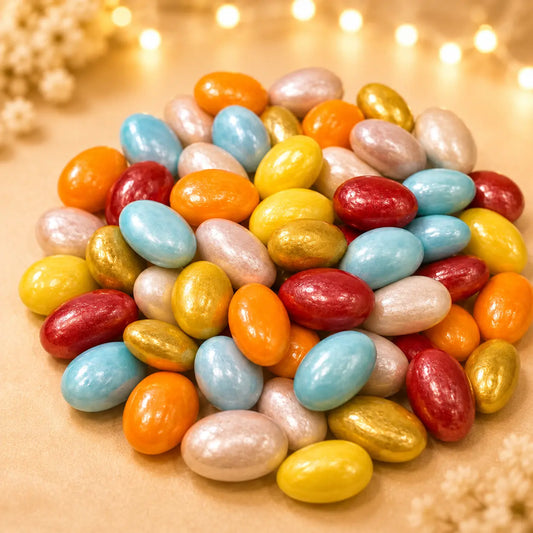 Shop Coloured Almond Dragees, traditionally known as Syrian Malbas. Crisp sugar-coated almonds in assorted colours, perfect for gifting and celebrations.