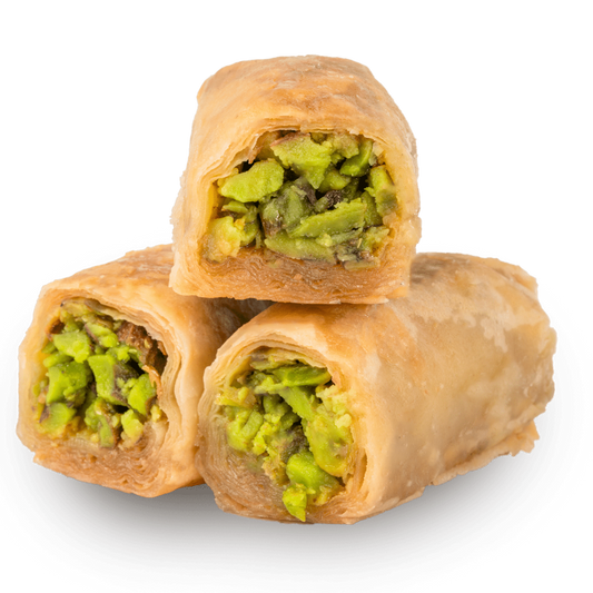 Premium Pistachio Baklava (Asabe) Filo Rolls) by Kweider Damascene Sweets - premium Middle Eastern dessert