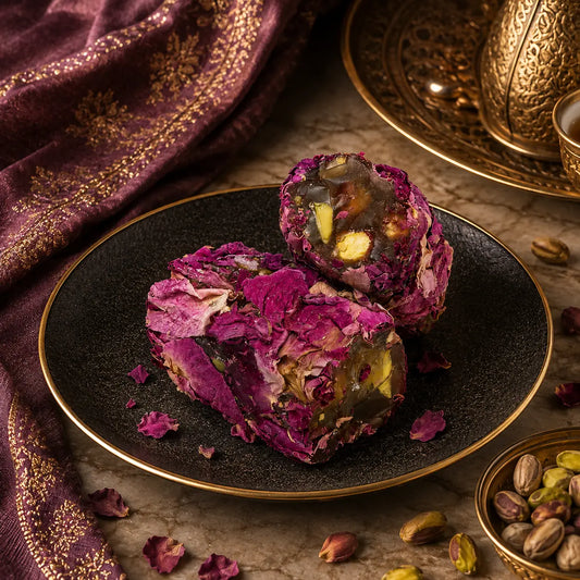 Traditional pistachio Raha with Damask rose inspired by Damascene and Levantine sweets