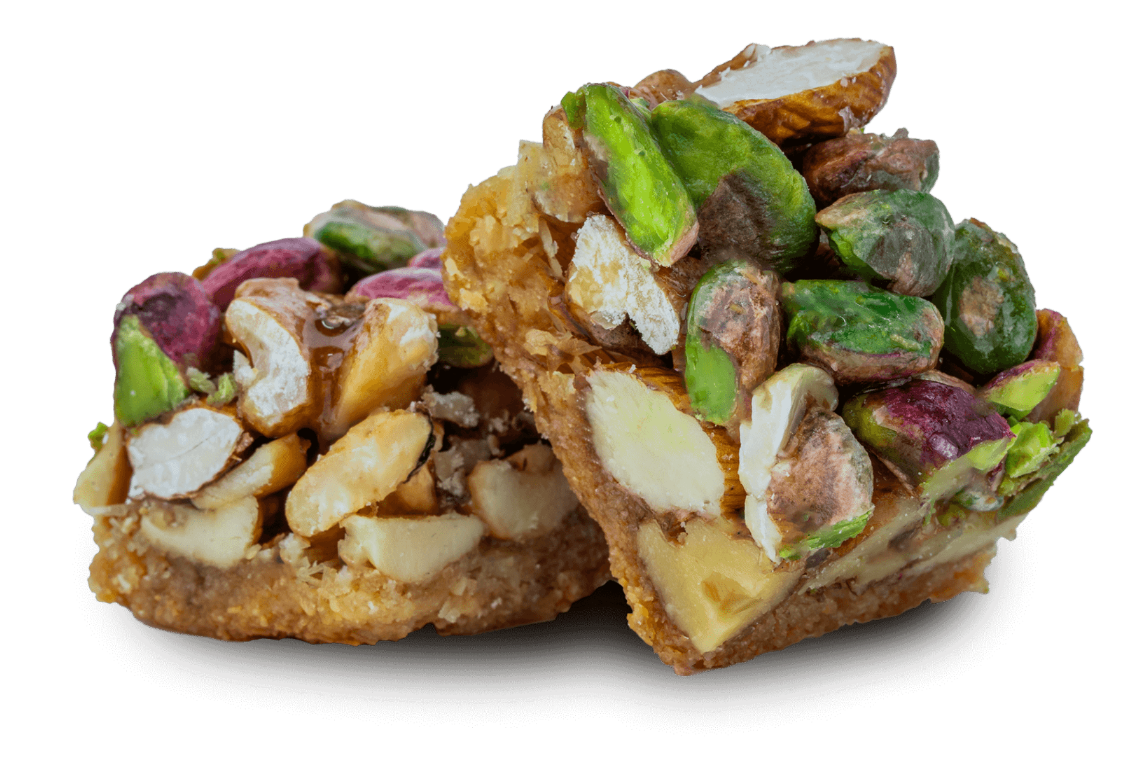 Premium Mixed Nuts Open-Faced Tray Knafeh (Ballorieh) by Kweider Damascene Sweets - premium Middle Eastern dessert