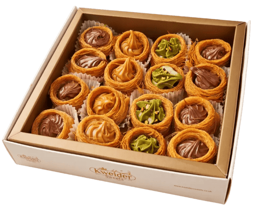 Premium Trio Creams Knafeh ('Osh El Bulbul' Bird's Nests)Pistachio, Caramelised Biscuit, and Hazelnut Chocolate - Kweider Sweets