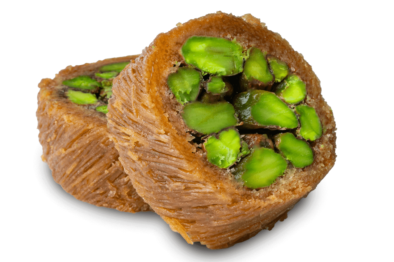 Premium Pistachio Knafeh (Mabrouma) Twisted Rolls) by Kweider Damascene Sweets - premium Middle Eastern dessert