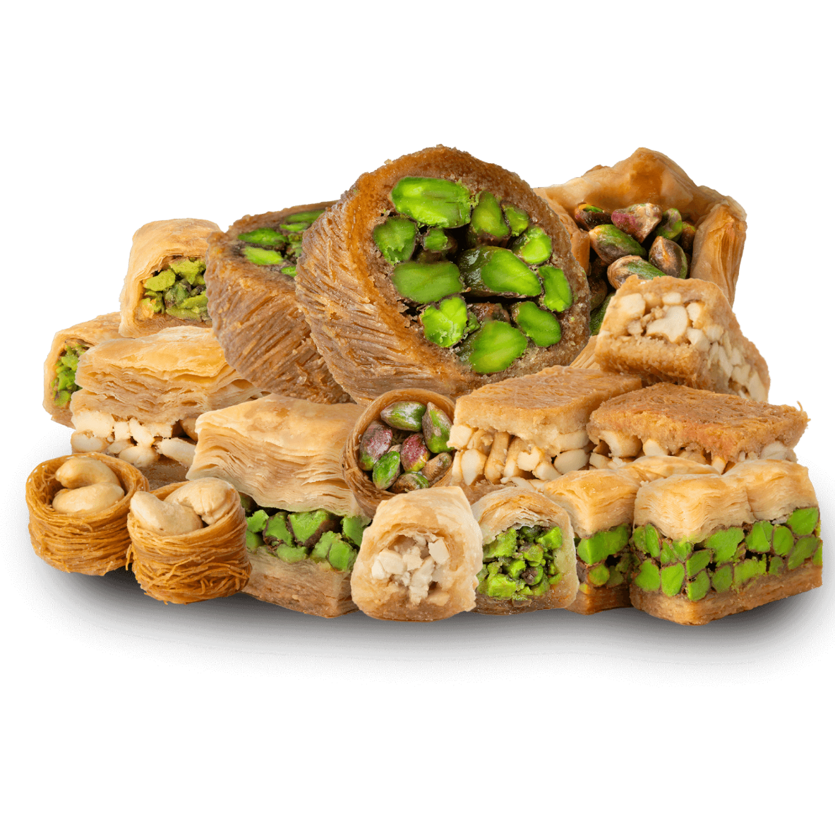 Premium Pistachio, Cashew, and Walnut Baklava Assortment by Kweider Damascene Sweets - premium Middle Eastern dessert