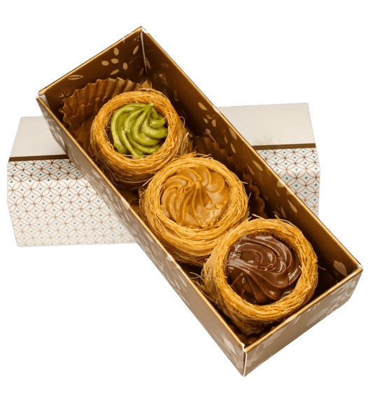 Premium Trio Creams Knafeh ('Osh El Bulbul' Bird's Nests)Pistachio, Caramelised Biscuit, and Hazelnut Chocolate - Kweider Sweets