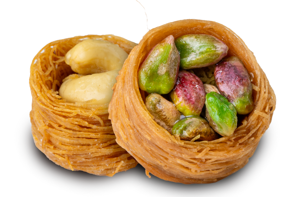 Premium Pistachio and Cashew Knafeh (Osh El Bulbul) Bird's Nests Assortment) by Kweider Damascene Sweets - premium Middle Eastern dessert