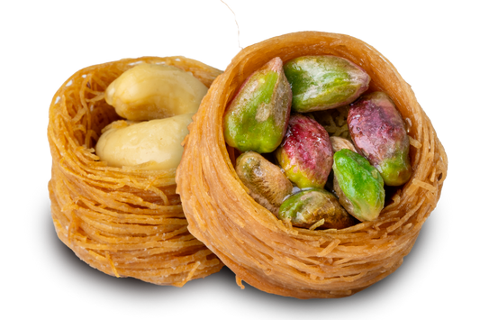 Premium Pistachio and Cashew Knafeh (Osh El Bulbul) Bird's Nests Assortment) by Kweider Damascene Sweets - premium Middle Eastern dessert