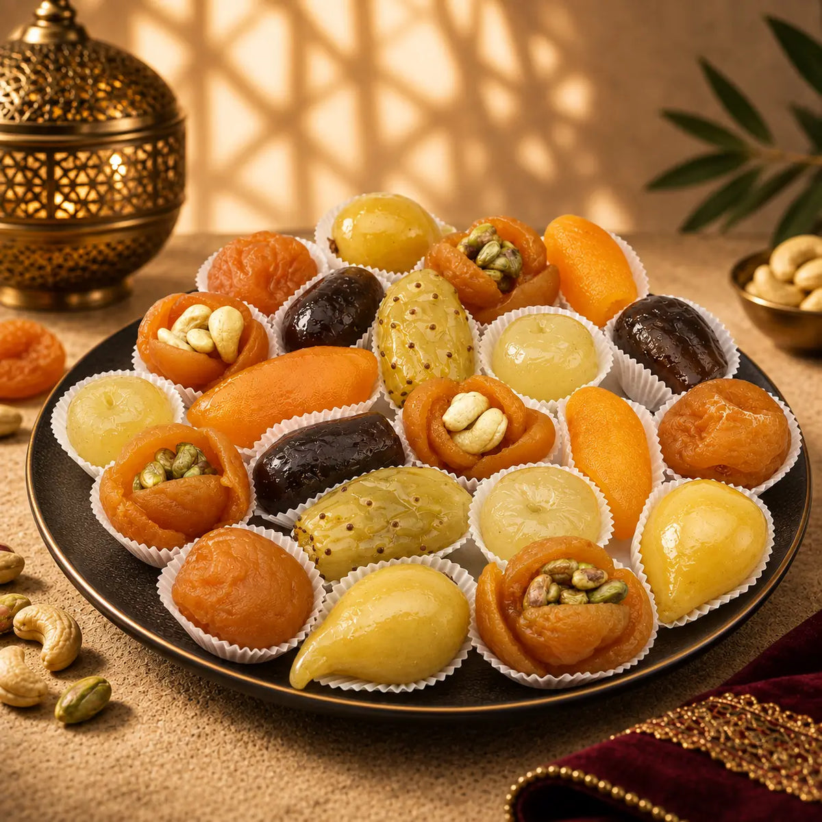 Assorted glacé fruits inspired by Syrian Damascene and Levantine confectionery